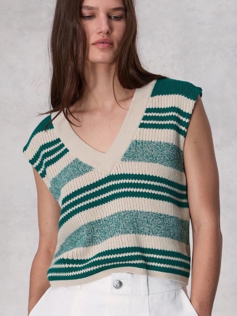 rag & bone Green and Cream Striped V-Neck Knit Top